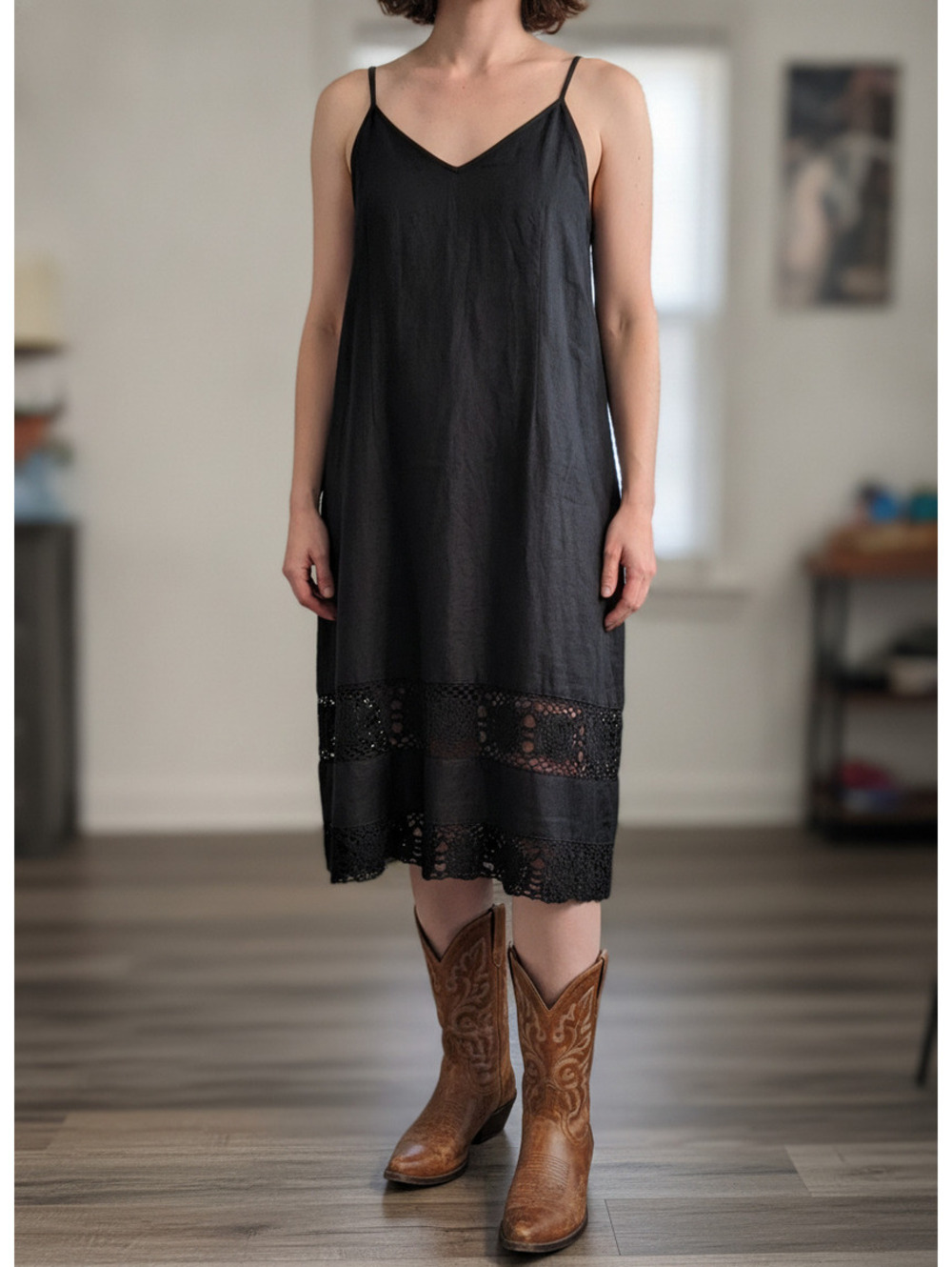 1576 - DKNY Jeans Black Linen Slip Dress with Crochet Hem - Size L - NWT